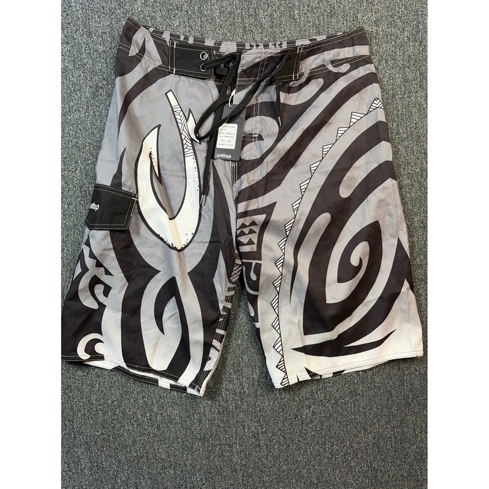 Unitop Mens Tribal Fish Hook Board Shorts Black Grey Swim Trunks Size 28 NWT